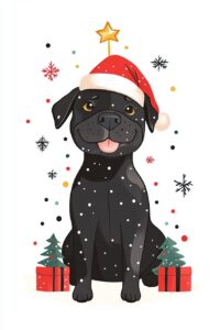 whimsical Christmas cartoon illustration of a kawaii happy black Cane Corso , full body, Christmas tree, bright cheerful colors, in the style of Mary blair, Katie Vernon, Yao cheng, Christmas elements in white background , --ar 2:3 --v 6.1