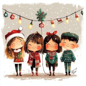 cool christmas drawing teenage cartoon, creative decorations, hipster holiday, hip modern art, group of kids --v 6.1