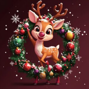 A cute cartoon reindeer holding onto the edge of an embroidered Christmas wreath with colorful ornaments, snowflakes falling in the background, in red and green colors, in a clipart style, a Disney Pixar 3D animation character, very detailed, cute and adorable, with a white outline, on a solid dark maroon background. --v 6.1