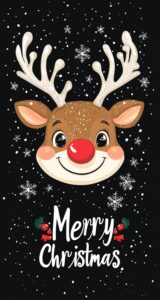 A cute, smiling reindeer with white antlers and a red nose, Christmas snowflakes in the background, and large text reading "Merry Christmas" on a black t-shirt design. This is a vector illustration in a digital art style, with high resolution and a professional, super-detailed appearance. --ar 39:73 --v 6.1