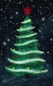 A green Christmas tree made of glowing green glitter on a black background, with a red star at the top and snowflakes falling in the sky. Simple, cute, digital art. --ar 70:113 --v 6.1