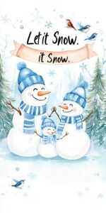 A snowman family wearing blue and white striped scarves, holding hands while laughing in the middle of an ice skating rink surrounded by pine trees with birds perched on them. A banner above their heads reads "Let it Snow." The illustration is in a vibrant watercolor style, with a winter wonderland theme, and the overall impression is cute and adorable. --ar 1:2 --v 6.1