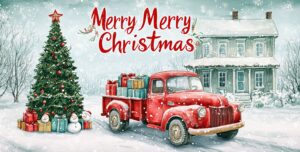 Christmas greeting card, a retro red truck in front of an old house with a Christmas tree and presents on the back, a large "Merry Christmas" written across the top, in the style of watercolor and airbrush, with a vintage postcard style, pastel colors, snowflakes and greenery, a beautiful composition, and cute snowmen around the base. --ar 128:65 --v 6.1