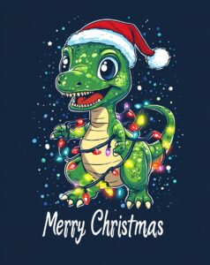 Cute Christmas T-Rex wearing a Santa hat and wrapped in colorful Christmas lights, with the text "Merry Christmas", against a navy blue background, in a clipart style, vector design, cute and colorful, a cute baby dinosaur t-shirt graphic. --ar 27:34 --v 6.1