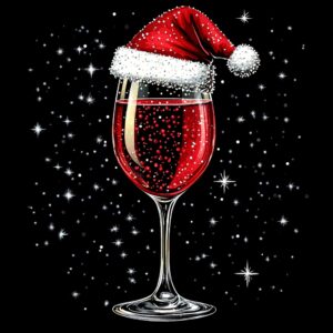 Festive rhinestone red wine glass with Santa hat clip art on a black background, simple design, vector graphic, with white glitter. --v 6.1