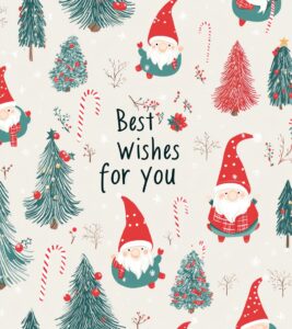 Happy Christmas! Gnomes and Christmas trees on a light gray background, small Christmas tree patterned wallpaper print, candy cane print with red, green, and white colors, and happy, quiet patterns in the style of vintage retro, with the text "Best wishes for you", in high resolution, detailed fabric design, full page, cute cartoon design, Christmas vibe. --ar 58:65 --v 6.1