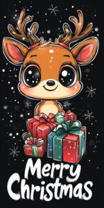 Stickers: Cute Chibi Reindeer with Presents Cartoon vector design with big eyes, for t-shirt on a black background. Front view with the text "Merry Christmas" written in a graffiti style illustration. --ar 1:2 --v 6.1