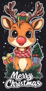 Stickers of a Christmas reindeer with a black background, in a cartoon style, with presents and a tree in the background, a cute happy face, a big red nose, the text "Merry Christmas" on top of its head, a scarf, in a watercolor style, with a hyper-realistic, dark grey and white color scheme, and hyper-detailed. --ar 65:128 --v 6.1