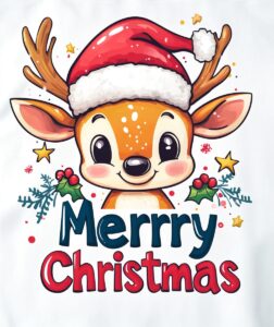 https://s.mj.run/jrp_F9qo99I , design with the text "Merry Christmas" in Chroma lettering on a white background, a Children's style t-shirt design vector graphic, Cute Santa deer, high resolution, 8K, sharp focus, no blur, --ar 11:13 --iw 0.7 --v 6.1