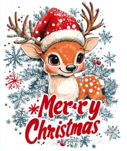 https://s.mj.run/l1yf8I87P4Y , design with the text "Merry Christmas" in red lettering on a white background, a Children's style t-shirt design vector graphic, Cute Santa deer, snowflakes, highly detailed, high resolution, 8K, sharp focus, no blur, --ar 11:13 --iw 0.7 --v 6.1