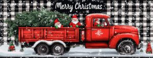 https://s.mj.run/l9PpBoRSJvI A large, bright red truck with Christmas trees and gnomes on the side is carrying an even larger tree against a black and white buffalo plaid patterned background. The text should have white lettering that says "Merry Christmas" centered at the top of the design. There will be snowflakes falling around the scene. It must look like a high-resolution vector digital art style. --ar 128:49 --v 6.1