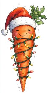 A cute, happy cartoon carrot wrapped around Christmas lights and wearing a Santa hat, clipart in the style of soft, whimsical watercolor, on a white background, --ar 37:72 --v 6.1