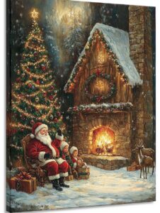 A traditional Christmas wall art scene featuring Santa Claus, a beautifully decorated Christmas tree, reindeer, and a family gathered around the fireplace, warm lights glowing, soft and nostalgic brushstrokes, classic holiday spirit, cozy and inviting atmosphere --ar 3:4 --stylize 250 --v 6.1