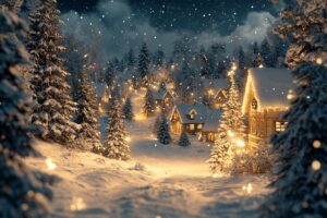 Christmas night scene with snow-covered Christmas trees and houses in the background, in a vintage style. The artwork features a detailed oil painting of an old village surrounded by a snowy pine forest. There is a starry sky with twinkling stars. A magical atmosphere is created through soft lighting and shadows, resulting in a dreamy winter landscape. It's perfect for scrapbooking paper or cards, adding a touch of holiday magic to your designs. --ar 3:2 --stylize 250 --v 6.1