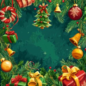 Promotional poster composed of crooked neck Christmas tree, Christmas bells, Christmas gifts, cute cartoons and rattan patterns --v 6.1