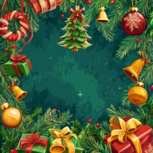 Promotional poster composed of crooked neck Christmas tree, Christmas bells, Christmas gifts, cute cartoons and rattan patterns --v 6.1