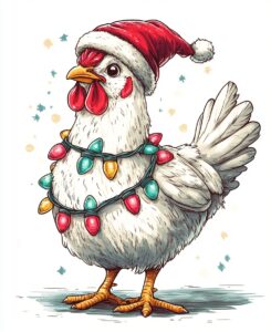 A cartoon white chicken wearing Christmas lights wrapped around its body and hat, walking on two legs. The illustration is in the style of hand-drawn animation, with bold lines and bright colors. It has an animated feel to it. --ar 9:11 --stylize 250 --v 6.1