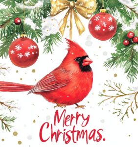 Christmas card with text "Merry Christmas," a bow, holly leaves and berries, a mistletoe wreath, a red ball, a gold orb, a beautiful watercolor painting of a male cardinal bird in a winter forest on a white background, and Christmas tree branches with snowflakes and garland decoration. --ar 15:16 --v 6.1