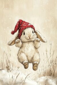 A simple, coloured pencil illustration in the style of Sandra Boynton, of a fluffy white bunny in a red hat jumping into a pile of snow. The colour palette consists of traditional hues of red, beige, gold, white, and green. The illustration is whimsical, charming with a naive, hand-drawn look, capturing a friendly vibe. Highly stylized and whimsical, evoking a sense of winter wonderland. --ar 2:3 --personalize 9t1wpy9 --v 6.1