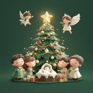 full body, beautiful Nativity scene, Christmas tree, watercolor style, sweet and endearing characters, happy and adorable, funko style small body, green background, with Christmas tree with lights, balls and star on top, angel flying, with 2D, 4k --v 6.1