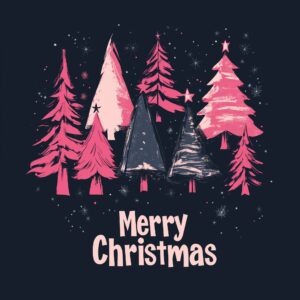 T-shirt design with different pink christmas trees with the words "Merry Christmas" at the bottom of the design --v 6.1