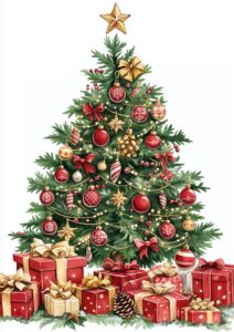 Create a Christmas-themed party invitation in a classic, watercolor style. Center a lush Christmas tree decorated with red and gold ornaments, baubles, candy canes, and a shining star on top. Place various wrapped gifts with bows and ribbons in festive colors like red, green, and gold at the base of the tree. Add additional elements like pinecones, holly leaves, and perhaps a string of twinkling fairy lights around the tree to make it unique. Keep a clean white background to make the design pop and add a few hanging ornaments beside the tree to create a balanced, festive composition. make the tree taller --ar 5:7 --v 6.1