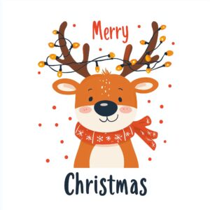 create a very simple funny Christmas t-shirt design with a happy reindeer, with some Christmas lights wrapped around its antlers and a Christmas scarf "Merry" above the reindeer and "Christmas" below it on white background --v 6.1