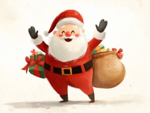 Traditional yet playful representation of Santa Claus. Incorporate recognizable elements like his red suit, white beard, and rosy cheeks. Santa can be depicted in various festive activities: holding presents, carrying a sack of toys, or waving happily. --ar 4:3 --v 6.1