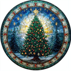 Help me generate a circular stained glass painting of a Christmas tree, the picture is very realistic, the pattern is delicate, complex and regular, the circular border should surround the subject. I want the image to be rich in details and fine --v 6.1