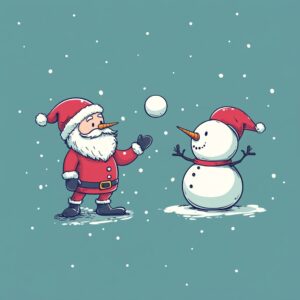 santa-clause and snowman playing with snow, cartoon style, minimalistic --v 6.1