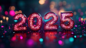 The text "2025" designed with sleek metallic textures, illuminated by soft glowing light, a colorful abstract background with bokeh and sparkling effects, modern New Year concept, bright and celebratory, hd quality --ar 16:9 --v 6.1