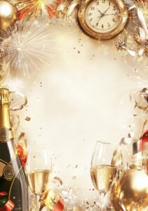 A luxurious festive background for New Year's Eve with a large, spacious center left empty for a menu or text. Around the edges, include golden, silver, and red decorations like champagne bottles, clinking glasses, an elegant clock striking midnight, colorful fireworks, and floating balloons. The background should be a soft champagne or ivory tone, with glowing sparkles, glittering confetti, and swirling ribbons framing the edges. Ensure the central area is clean and bright, with all decorative elements concentrated towards the borders, creating a celebratory and elegant look --ar 7:10 --v 6.1