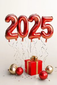 3D illustration manipulation. Realistic 3D balloons. Red and gold "2025" letters. Big, clear edges. gift box next to numbers With copy space --ar 2:3 --v 6.1