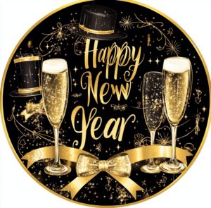 A circular design featuring champagne glasses, top hats, and golden ribbons with the words "Happy New Year" in an elegant script font. The background is black with gold accents, creating an atmosphere of celebration for the new year. A ribbon adorned with glittery decorations adds to its festive feel. This artwork would make a perfect decoration or party attire in the style of Magali Villeneuve. --ar 48:47 --v 6.1