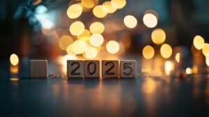 "2025", written with wooden cubes, bokeh background, blurred lights, golden hour, low angle shot, minimalistic style. --ar 16:9 --v 6.1