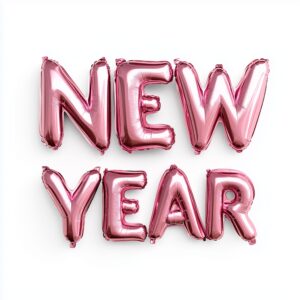 Shiny pink balloon-style letters spelling 'NEW YEAR,' with a soft reflective surface, arranged in two stacked lines, set against a clean white background --v 6.1