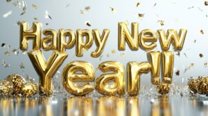 Big letters: "Happy New Year!!", glowing golden letters, highly detailed with a metallic, reflective finish,white background, 3D effect, 8K, --ar 16:9 --v 6.1