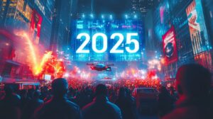 Futuristic New Year's Day countdown scene with electronic screens and digitized light effects containing the number "2025", flying cars, virtual crowds celebrating, and a technological urban backdrop --ar 16:9 --v 6.1